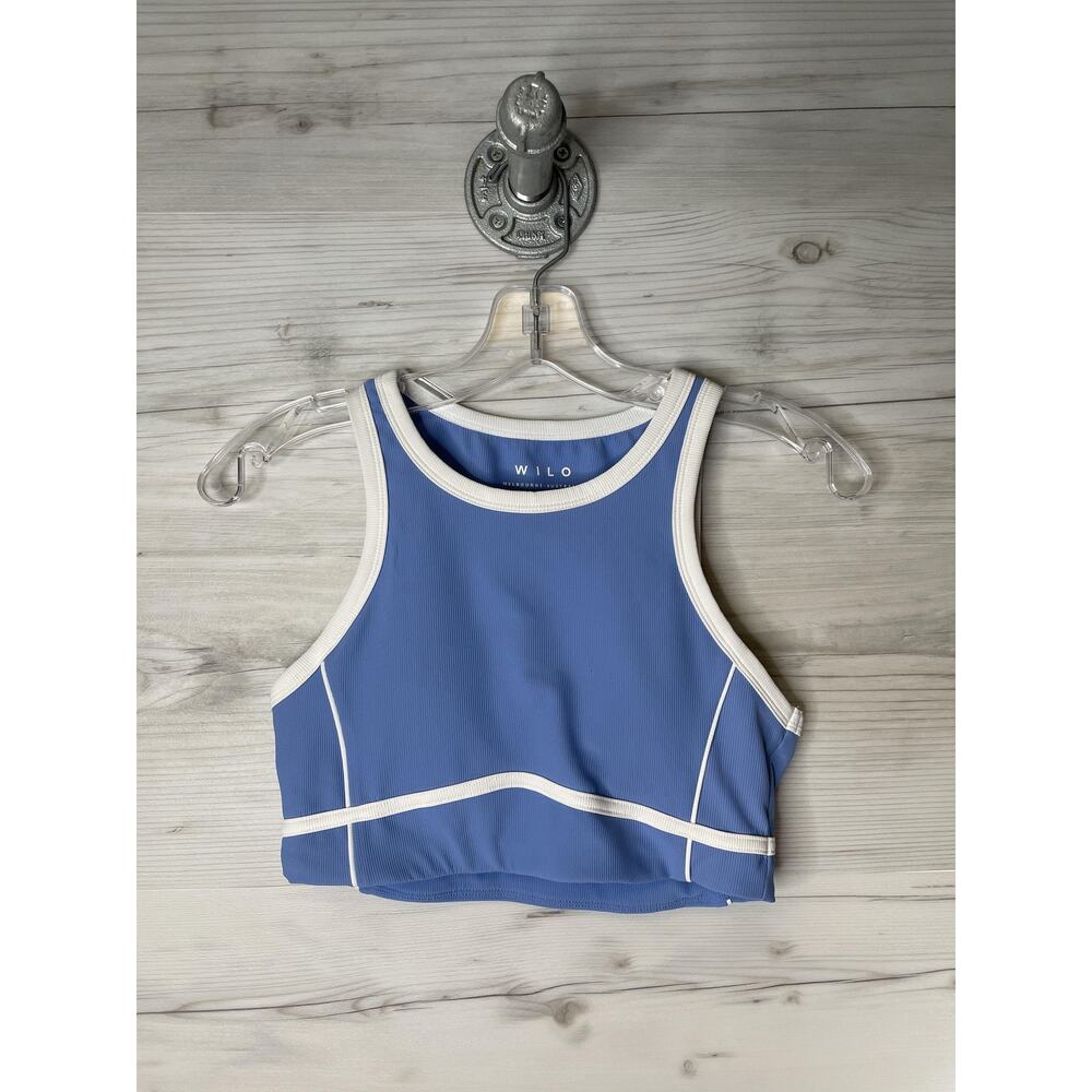 Wilo Sports Bra Womens Medium Blue White Ribbed Crop Tank Activewear Top